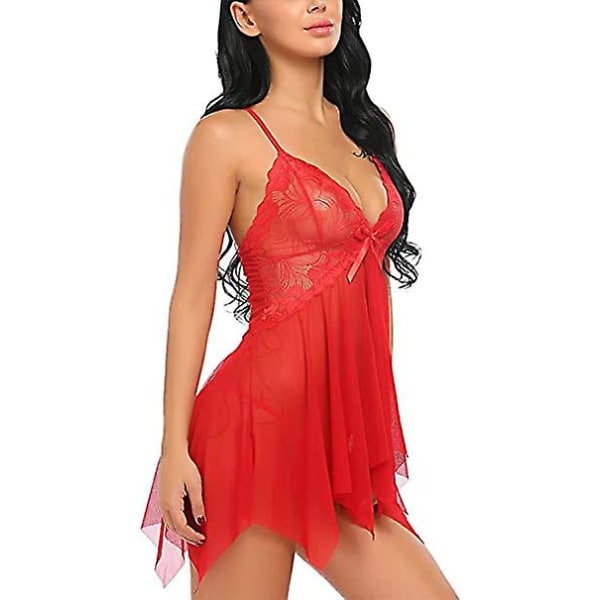 Damunderkläder Set Mjuk Babydoll Spetskopp Sling Nattkläder Mesh Chemise Sovkläder Klänning Red M