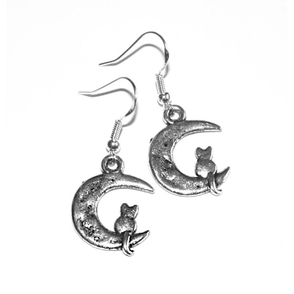 Örhängen Nickelfria Silver Katt Måne Cat Moon Silver