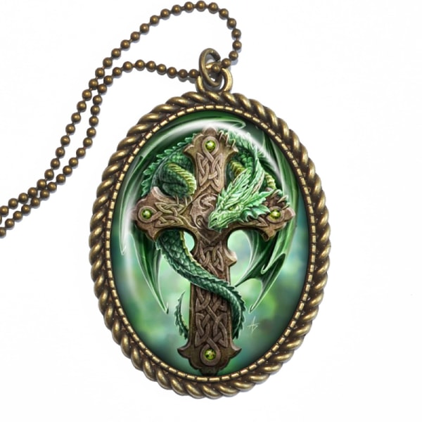 Halsband Brons Grön Drake Kors Green Dragon Cross Gothic Brons