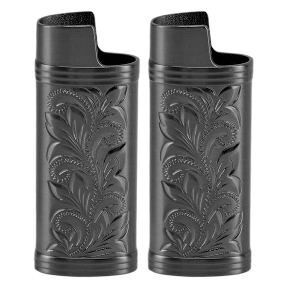 2pcs Retro Lighter Case Compact 3D Floral Stamped Engraving Zinc Alloy Protective Case Cover Black