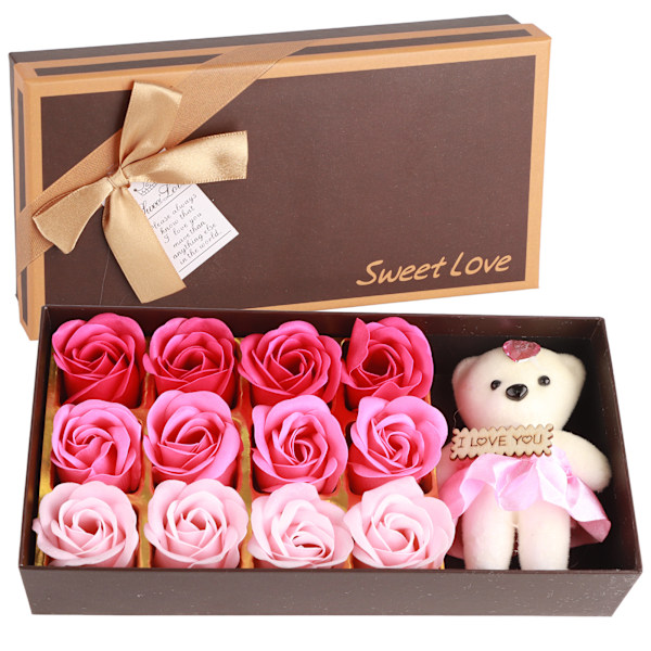 12 Rose Flower Soap Flower Plush Bear Valentine's Day Romantic Gift With Box （Pink）