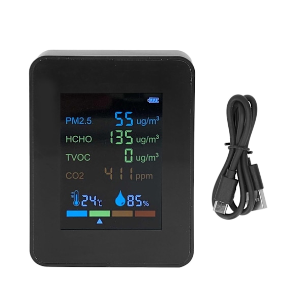 Monitoiminen 6-in-1 CO2-mittari Ilmanlaadun monitori Lämpötila PM2.5 TVOC HCHO-ilmaisin USB-lataus Musta