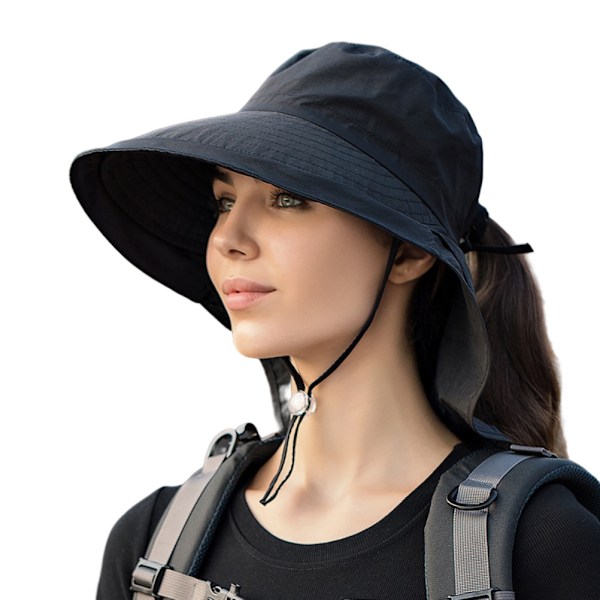 Women Sun Hat with Neck Flap Wide Brim UV Protection Bucket Hat with Ponytail Hole Chin Strap for Summer Outdoor Mountaineering Cycling