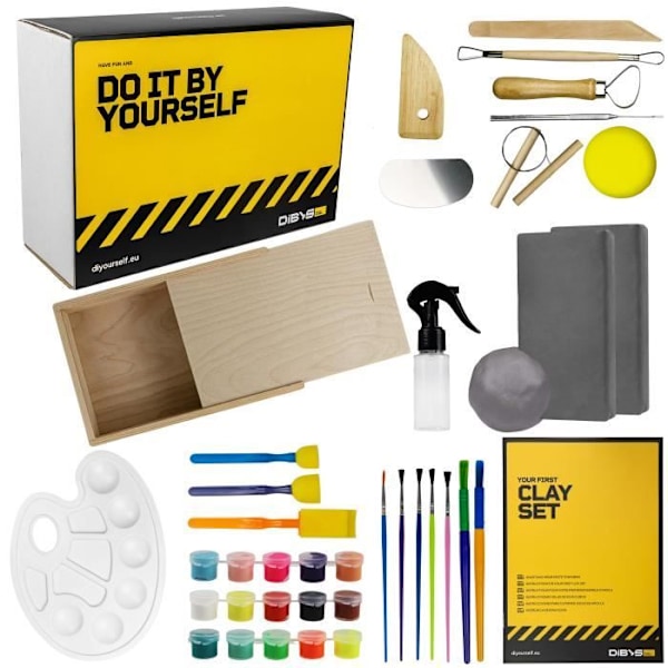 Keramikset - DIBYS - DIY för Barn - Grå Lera - Modellverktyg - 15 Akrylfärger grå