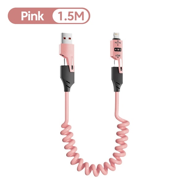 NNBILI 65W 6A Spiralkabel USB-C 4-i-1 Snabbladdning för iPhone 16 15 14 13 12 Pro Max Samsung Multi-Enhet Tålig Kabel pink 1.5m