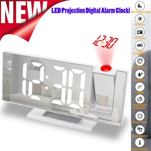 LED digital väckarklocka Projektion klocka Projektor Takklocka med Time Temperatur Display Bakgrundsbelysning Snooze klocka för hemmet White