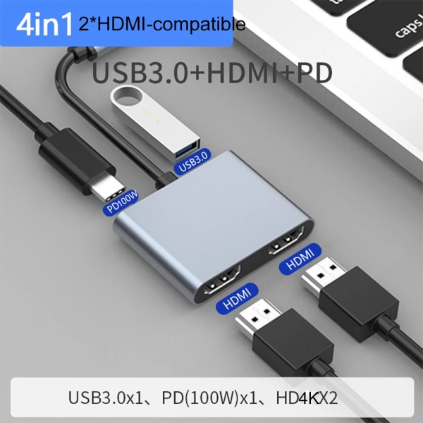 MZX-airies USB HDMl 4K, Extension 3 0 S6 versus HDMI VGA för Ordinateur Portable, Adaptateur Répartiteur, Station d'Accueil de Type Typo C 4in1 2xHDMl