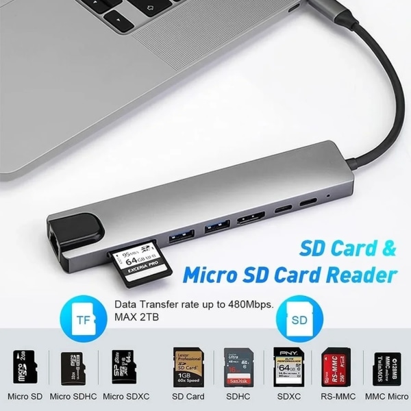 Airies USB C för Macbook, adapter 8 och 1, PC, ladda PD, 8 portar, station S6, RJ45, carte TF/SD kompatibel HDMI, répartiteur de type C Macbook 4 In 1 Type-C A CHINA