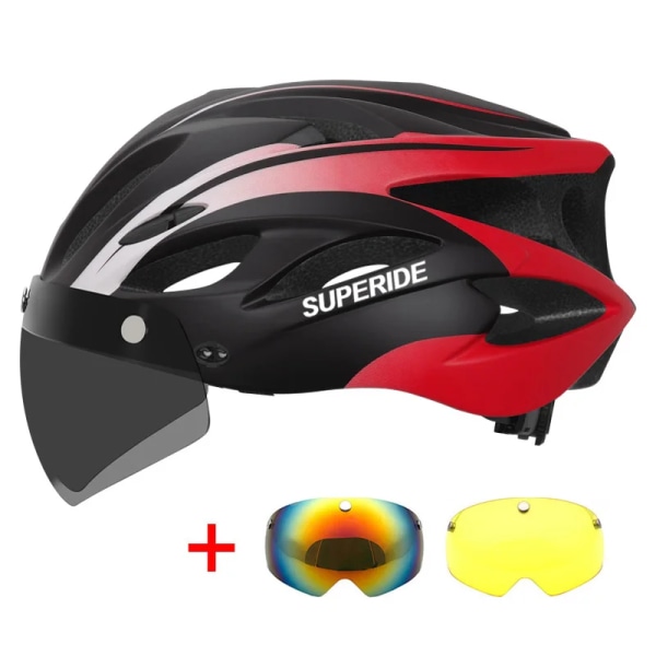 SUPERIDE uppladdningsbar landsvägscykelhjälm herr dam cykelhjälm med visir & bakljus sport MTB cykelhjälm med TT lins Black Red 3 Lens 57-62CM