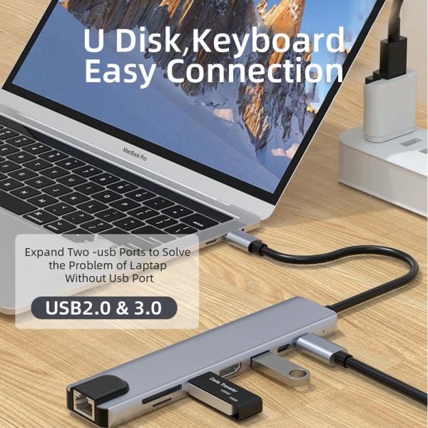 Airies USB 3.0 8 en 1 pour Macbook Lenovo Adaptateur för ordinateur bärbar PC Charge PD 8 portar Station S6 RJ45 HDMI-4K TF/SD Carte Type-C Splitt 4 In 1 Type-C A CHINA