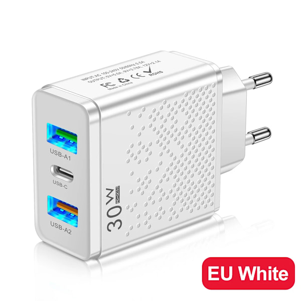 30W USB C Laddare Snabbladdning PD Snabbladdare 3.0 Väggladdare För Telefonadapter För iPhone 15 Xiaomi 13 POCO Samsung Oneplus White EU Plug