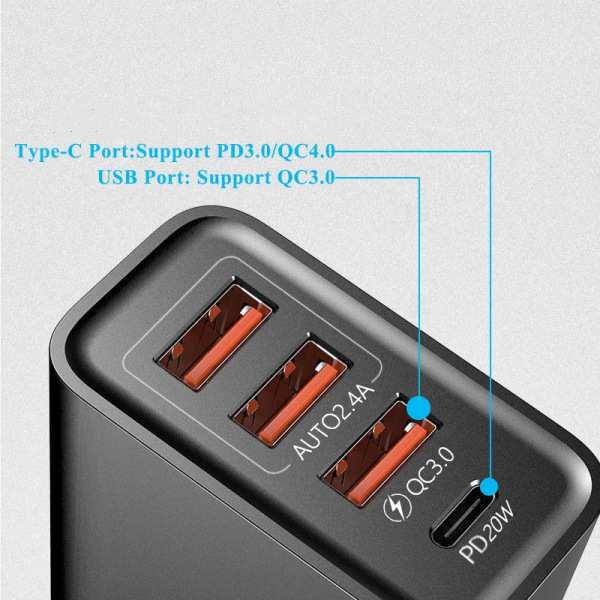 Chargeur de voyage multiports för bärbar telefon, 3 upphandlare, tête de charge Type-CPD, norme européenne, noir, adapté à USB EU Black