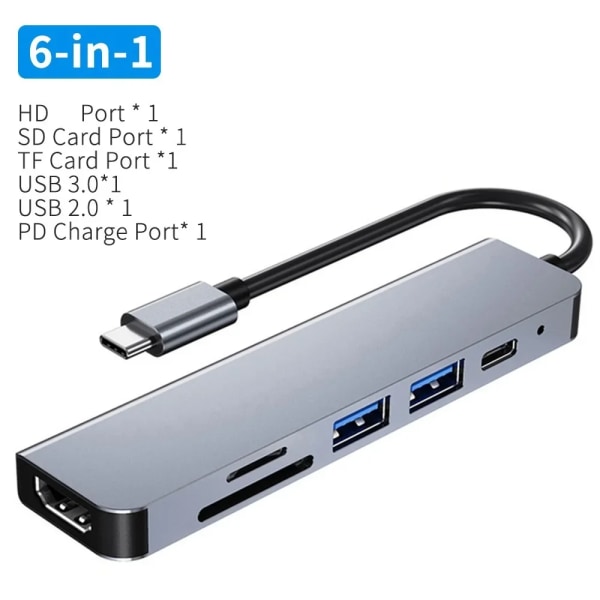 Airies USB C för Macbook, adapter 8 och 1, PC, ladda PD, 8 portar, station S6, RJ45, carte TF/SD kompatibel HDMI, répartiteur de type C Macbook 6 In 1 CHINA