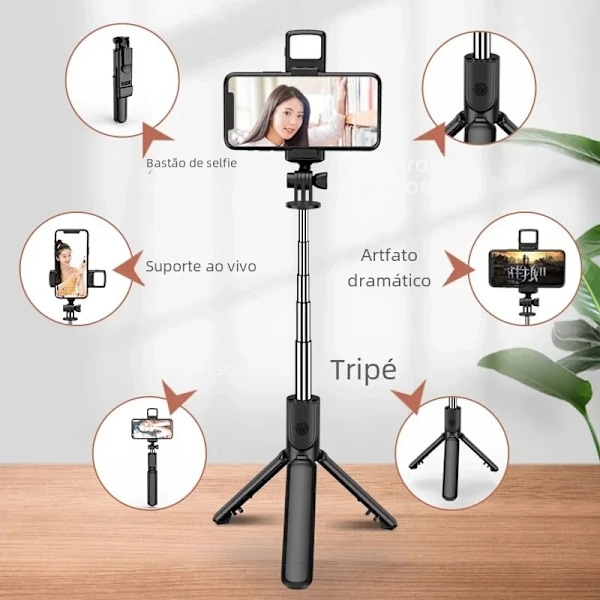 3 i 1 Trådlös selfie stick Stativ Med Fyllnadsljus Bluetooth Slutarfjärrkontroll Portabel Vikbar Monopod För Smart Telefon With light