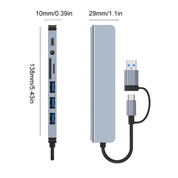 Adaptör multiportar USB av typ C och aluminium, ägare för telefon Xiaomi och tabletter, 8 portar, USB 3.0, typ C S6 GRAY