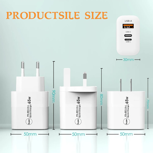 PD 65W Högpresterande USB-laddare Super snabb omvandlingsbar laddare Adapter för iPhone 15 14 13 12 Pro Huawei Xiaomi Samsung Pixel oppo EU White