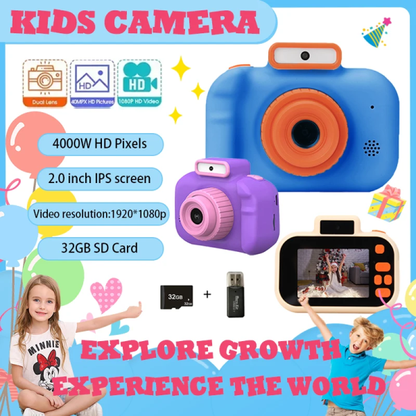 Barnkamera Selfie Pixels 1080P HD-skärm Blå Lila Dubbla kameror Barnkamera för Baby Camara Foto Infantil H7-G-Purple