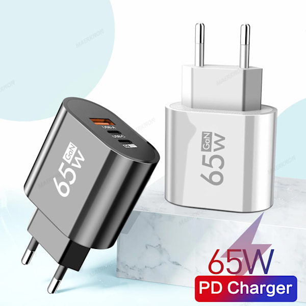 65W 3 Portar Snabb Laddning PD Snabbladdare Quick Charger 3.0 Laddare Telefonadapter För iPhone 15 Xiaomi POCO Yellow EU