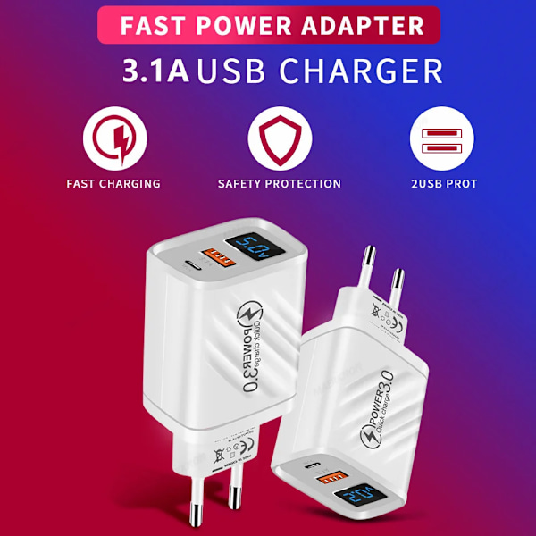 20W USB C Laddare PD Snabbladdning Mobiltelefonladdare Ström För iPhone Samsung Xiaomi Digital Display QuickCharge Kontakt EU White