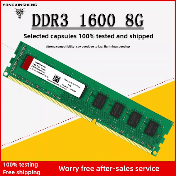 Yongxinsheng 4GB 8GB 16GB DDR3 RAM DDR3 1333 1600MHz skrivbordsminne PC3-12800 Non-ECC 1.5V 204Pin DIMM obuffrad 1X8G1600-PC3-ALL