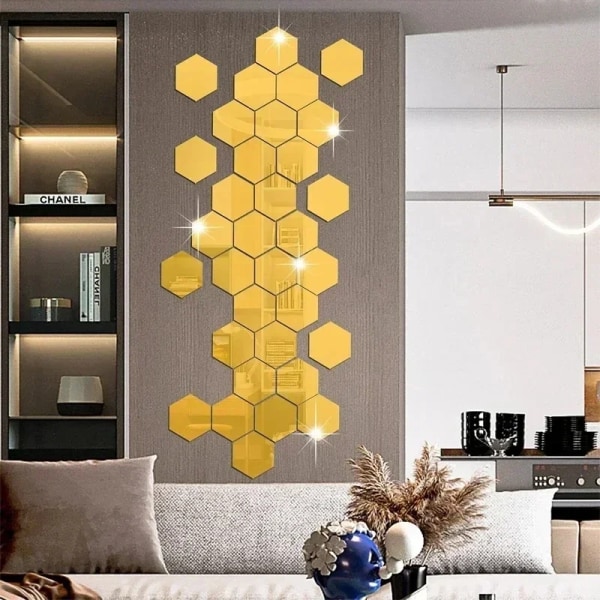 Hexagon Akrylspegel Väggdekal Akryllim Guld Silver Mosaikplattor Avtagbar gör-det-själv-badrum Heminredningsdekal S-Gold-40x70x80mm 24Pcs