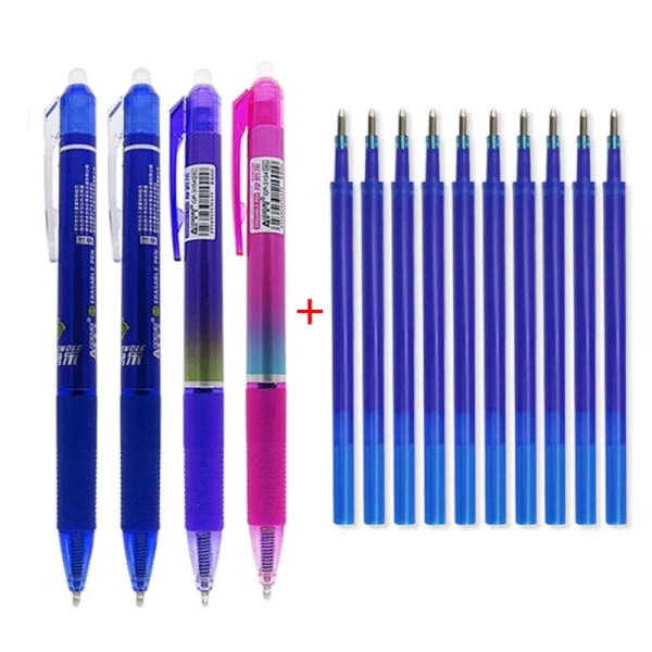 Stor kapacitet Bläck Raderbar Penna 0,5 mm Push Automatisk Gel Pen Tvättbart handtag Magic Raderbara Refill Stavar Längre Skrivskola 4pcs blue pen F