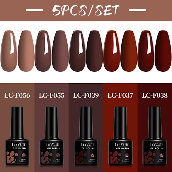 LILYCUTE 5 st/set 7ML Rödbrun Nagelgel DIY Nagelkonst Semi-Permanent UV Gel Polish Långvarig Design Manikyr Kit Tillbehör 241174