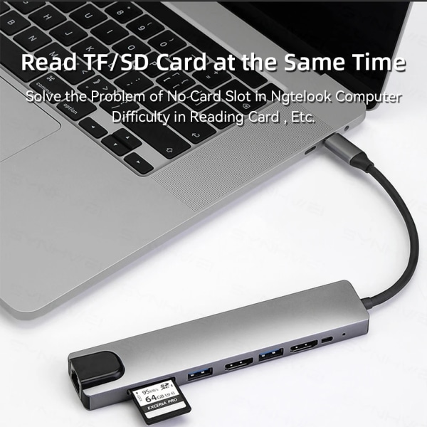 Airies USB 3.0 8 en 1 pour Macbook Lenovo Adaptateur för ordinateur bärbar PC Charge PD 8 portar Station S6 RJ45 HDMI-4K TF/SD Carte Type-C Splitt 6 In 1 CHINA