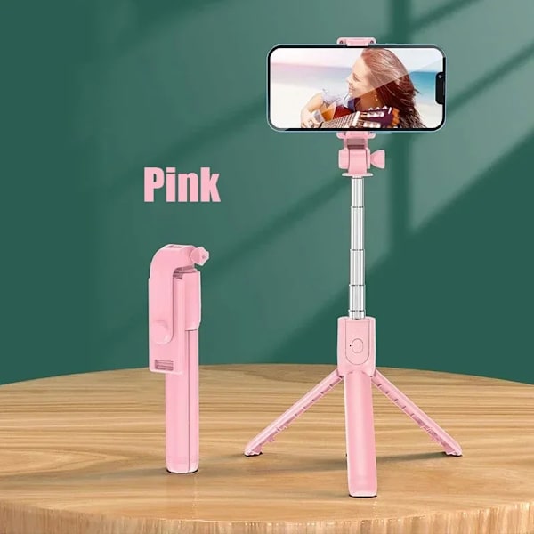 Bluetooth Selfie Stick Trådlöst 360º Roterande Tripodstativ Fjärrkontroll Fyllnadsljus Multifunktionellt Utdragbart Stativ Pink