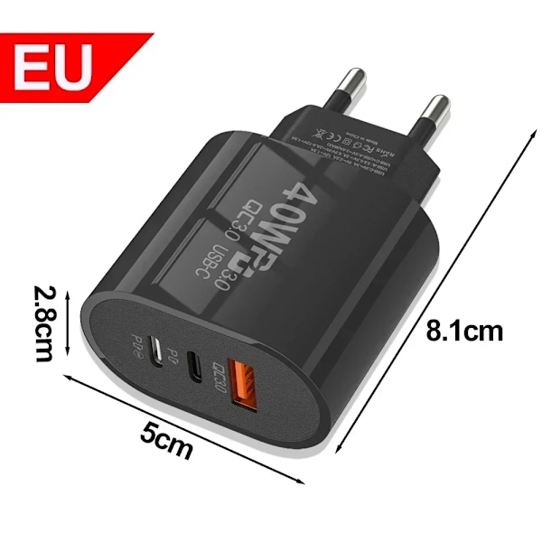 40W 2 PD och 1 QC 3.0 Port Snabbladdande Ström USB Typ C Laddare US/EU För iPhone Samsung Xiaomi Snabbladdning EU-Black