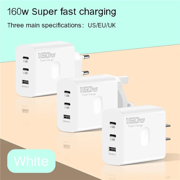 160W USB-laddare USB Typ C Snabbladdningsadapter Snabbladdning 3.0 PD Mobiltelefonladdare för iPhone Samsung Xiaomi Redmi OPPO RSA