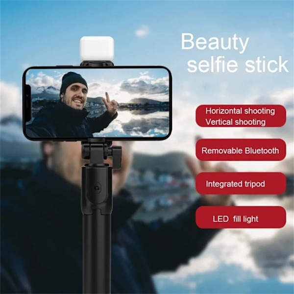 R1 Trådlös Bluetooth Selfie Stick Vikbar Portabel Tripod med Fyllnadsljus Fjärrkontroll för Android iPhone Smartphone White