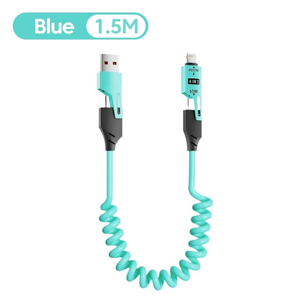 NNBILI 65W 6A Spiralkabel USB-C 4-i-1 Snabbladdning för iPhone 16 15 14 13 12 Pro Max Samsung Multi-Enhet Tålig Kabel blue 1.5m