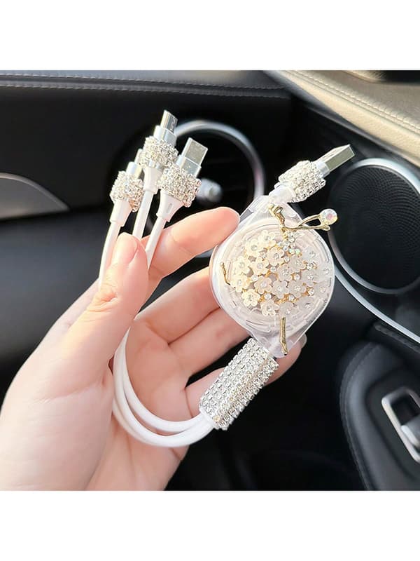 Diamant-Inlagd Billaddare, 3 I 1 Multi-Function Upprullbar Mobiltelefon Datakabel Med 3 Portar Elegant Ballet Data Cable