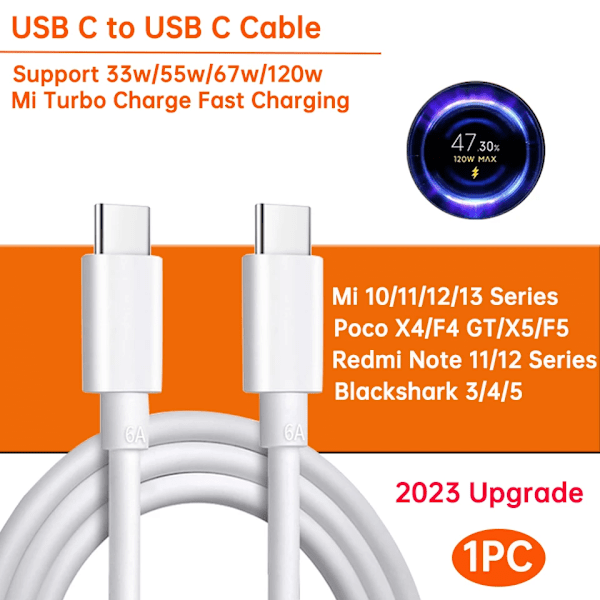 Xiaomi Original USB Typ C-kabel 120W 67W Turbo Snabbladdare Mi 15 14 13 12T Pro 12 11 Ultra Poco X6 X7 Redmi Note Black Shark 5 1p upgrade c to c 2m(6.6ft)