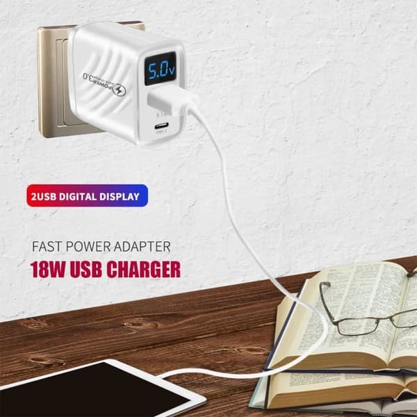 2USB Telefonladdare 20W 5V 2.4A Snabbladdningsadapter med Digital Display Quick Charge 3.0 EU US Standard För iPhone Android Black-EU