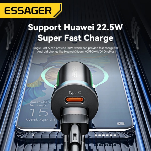Essager-Chargeur de voiture USB 30W, Charge rapide, 4.0, 3.0, FCP, SCP, USB PD, Xiaomi, iPhone 12, 13, 14 Pro, Charge rapide, Chargeur de téléphone C Black 30W A TO C