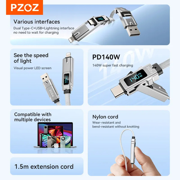 PZOZ 4 i 1 140W PD USB C-kabel Digital Display Snabbladdning För iPhone 16 15 14 Pro Max MacBook iPad USB Typ C-sladdladdare 60W Black 0.2m