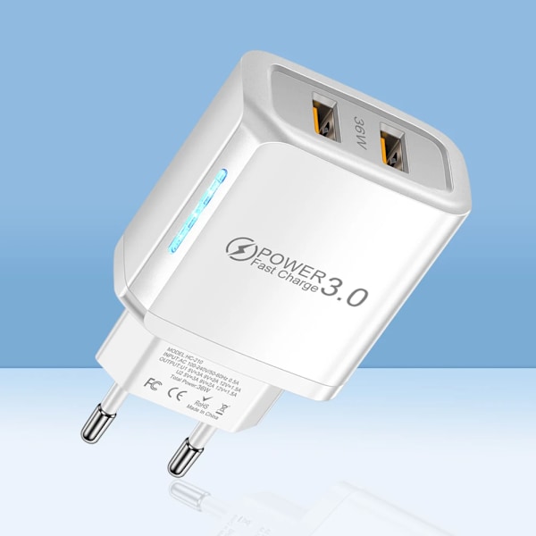 2 Portar 36W USB Mobiltelefonladdare Quick 3.0 Snabbladdning För iPhone Xiaomi Samsung Huawei EU White