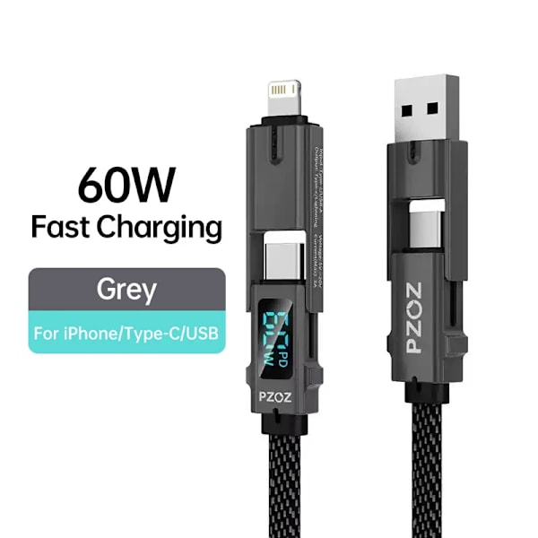 PZOZ 4 i 1 140W PD USB C-kabel Digital Display Snabbladdning För iPhone 16 15 14 Pro Max MacBook iPad USB Typ C-sladdladdare 60W Black 0.2m