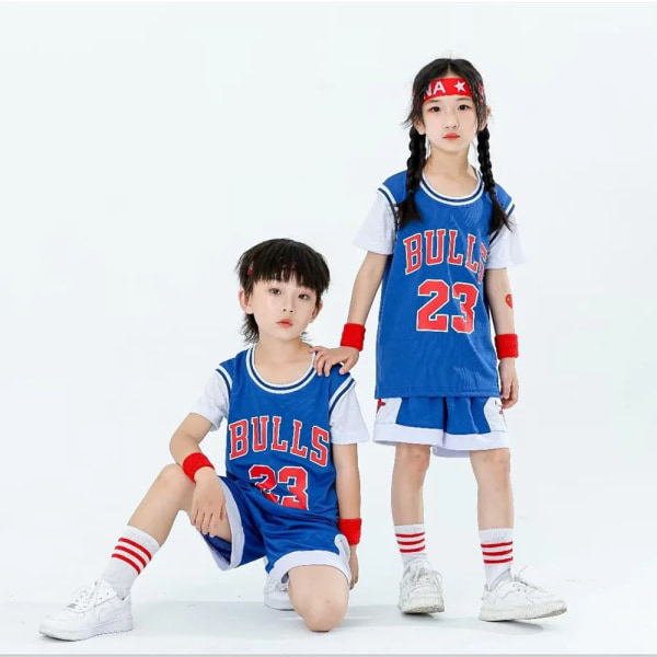 Ny 23/24 pojkar och flickor Bulls 23 baskettröja falska tvådelade barnlagsuniformset set black (10-11Y)-kids-26