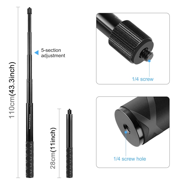 Osynlig förlängd selfiestick i kolfiber för Insta360 X3 GO3 Action 4-tillbehör för DJI GoPro 13 12 9 Selfiestick 1.1m Aluminum Alloy