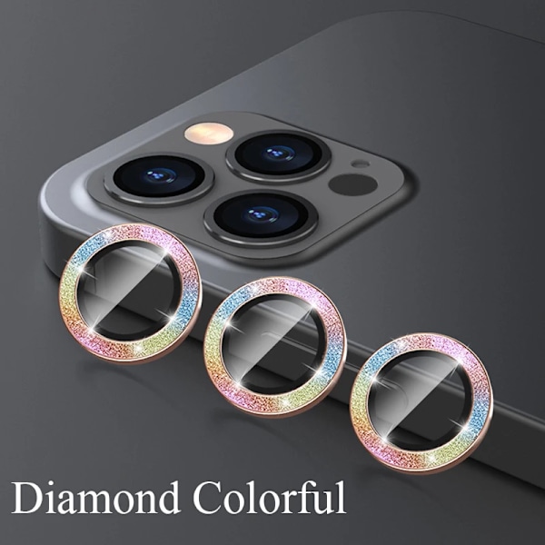 Kameraskydd för iPhone 11 12 13 14 15 Pro Max Mini 9H Härdat Glas Skärmskydd Film 14/15 Plus Metallring Diamond Colorful 11 (2PCS)
