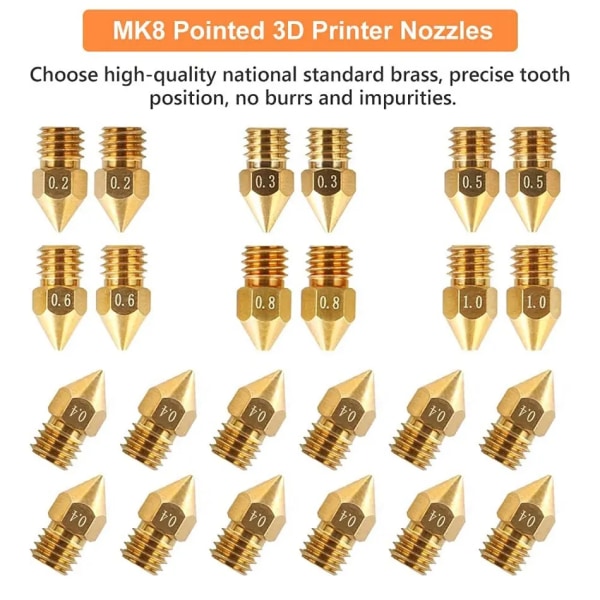 24st MK8 Ender 3 munstycken 3D-skrivare Mässingsmunstycken Extruder för Ender 3 CR-10 0.2/0.3/0.4/0.5/0.6/0.8/1.0mm skrivarmunstycke 24PCs 24PCs