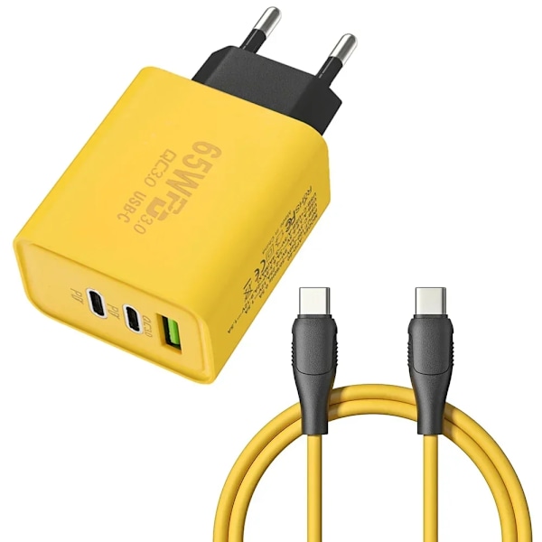 65W 3 Portar USB PD Mobilladdare USB C Till ny Höghastighetsladdningsdatakabel Sladd QC3.0 Mobiltelefon EU Set