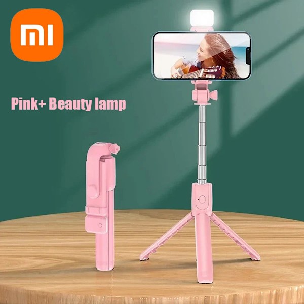 Xiaomi Bluetooth Selfie Stick Stativhållare Med Fjärrkontroll Fyllnadsljus Utdragbar Trådlös Fjärrkontroll Infällbart Telefonstativ Pink x Beauty lamp