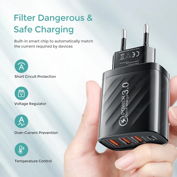 48W USB-laddare 4 Portar ny Snabbladdning QC 3.0 För Samsung Xiaomi mi10 Huawei Laddare För Smartphones PD Snabbladdning White EU