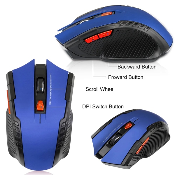 2,4 GHz trådlös mus Optiska möss med USB mottagare Gamer 1600DPI 6-knappars mus för dator PC Bärbara tillbehör Blue