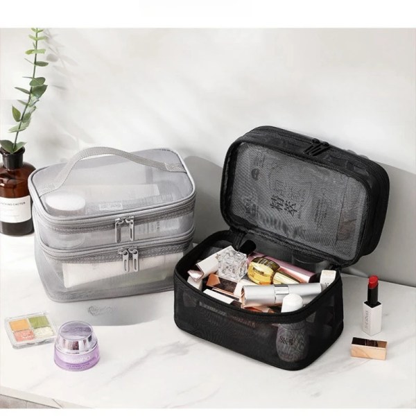 Mesh Förvaringsväska Makeup Organizer Kosmetika Smink Hudvårdslåda Plastbehållare Handväska För Kvinnor Män Badrum Single layer  bag