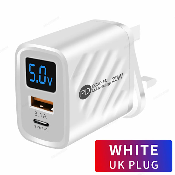 20W USB C Laddare PD Snabbladdning Mobiltelefonladdare Ström För iPhone Samsung Xiaomi Digital Display QuickCharge Kontakt UK White